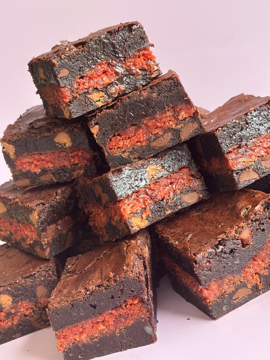 Fudgy chocolate brownies stuffed with Cherry Ripe