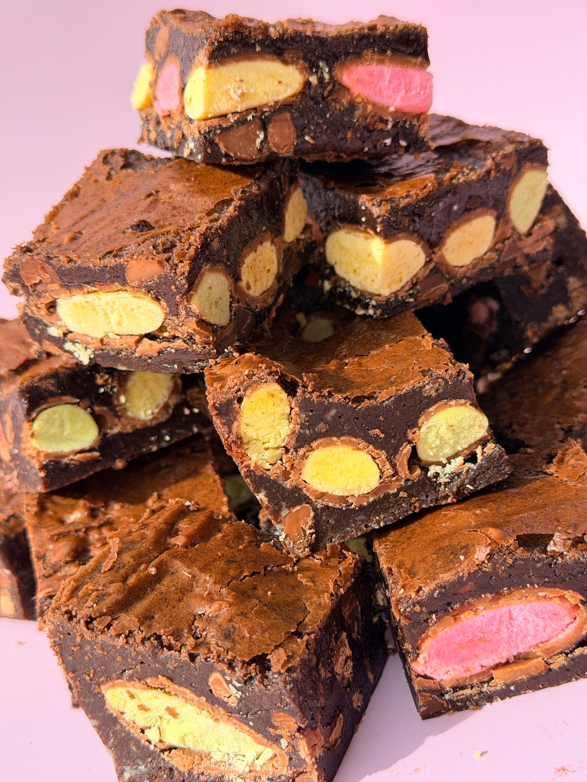 Fudgy chocolate brownies stuffed with a layer of Clinkers