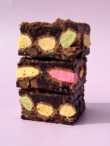 Fudgy chocolate brownies stuffed with a layer of Clinkers