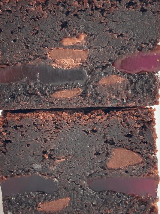 Gooey chocolate gluten-friendly brownies stuffed with a layer of Turkish Delight chocolate bars.