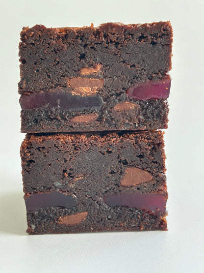 Gooey chocolate gluten-friendly brownies stuffed with a layer of Turkish Delight chocolate bars.