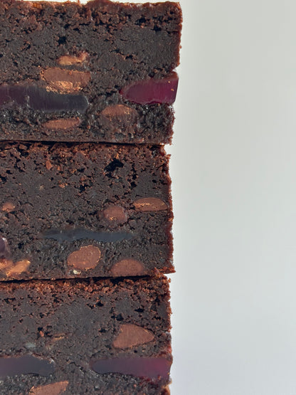 Gooey chocolate gluten-friendly brownies stuffed with a layer of Turkish Delight chocolate bars.