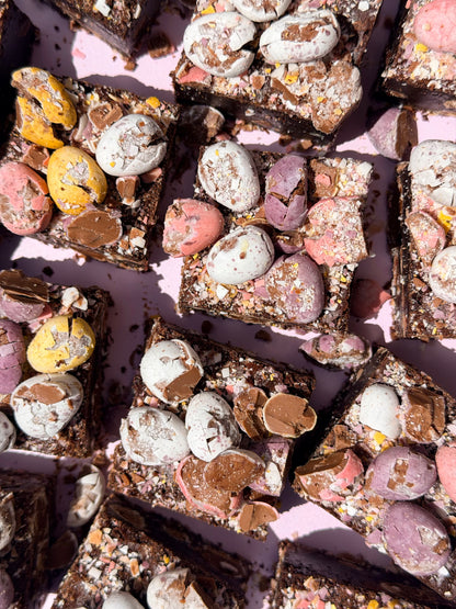 Fudgy chocolate brownies loaded with Cadbury Mini Eggs on top