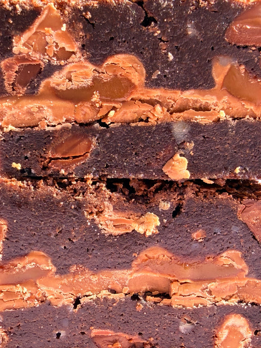Fudgy chocolate brownies stuffed with a layer of gooey Rolo chocolate blocks